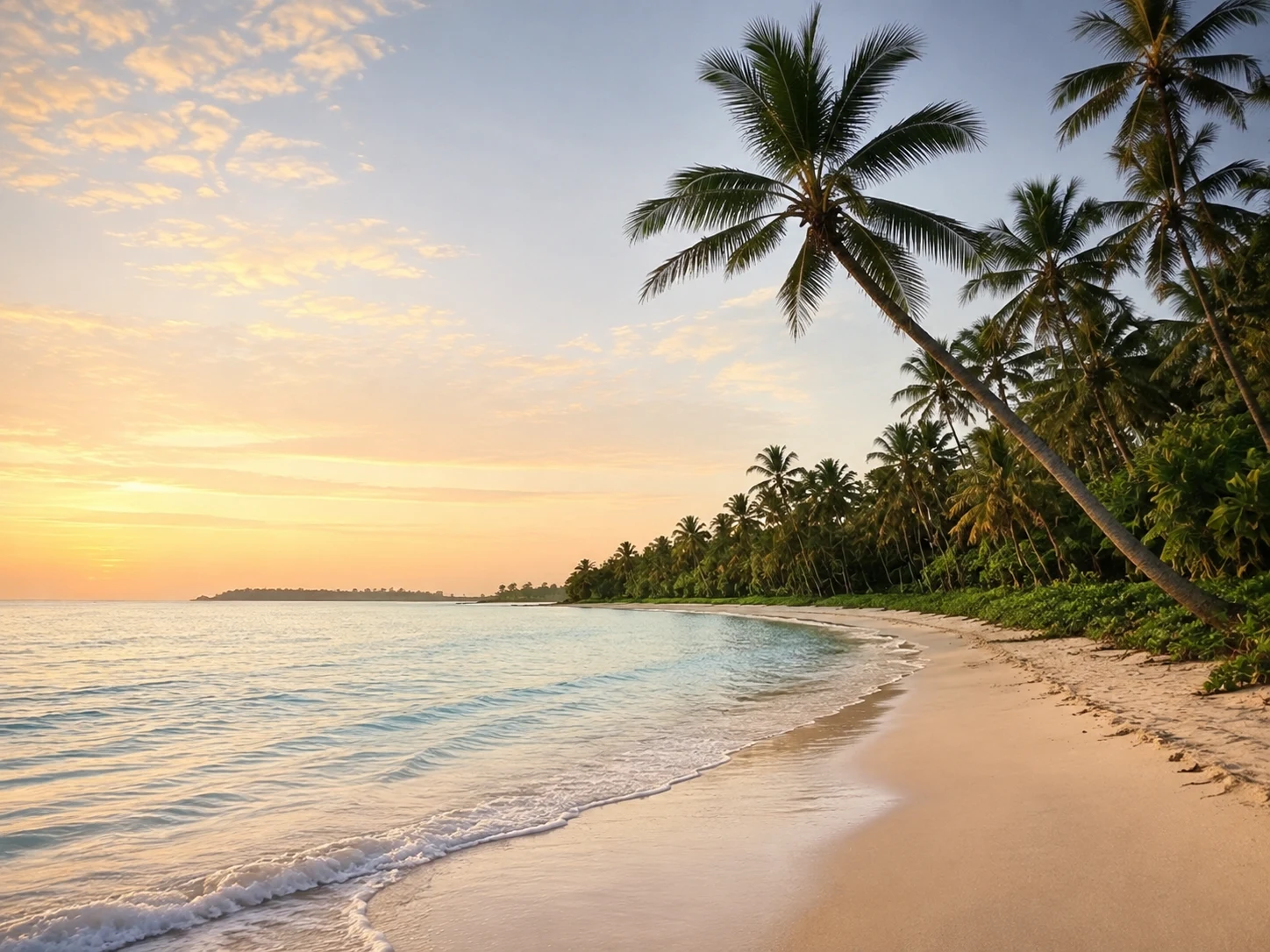 A quiet palm-fringed Sri Lankan coastline in warm dawn light